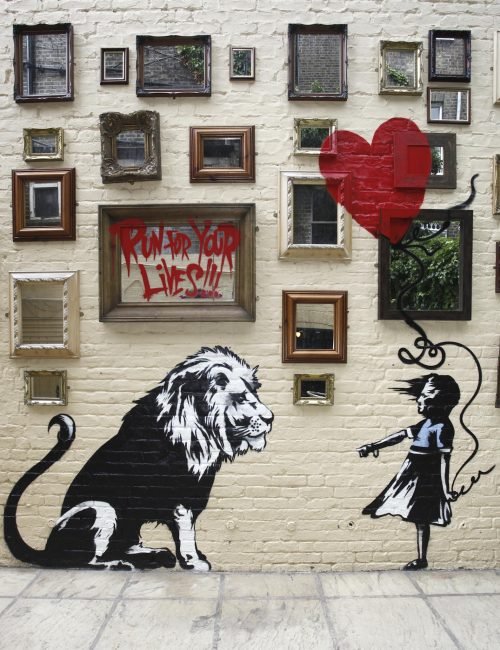 LONDON, UNITED KINGDOM - JUNE 14: New Banksy Mural at The Princess of Wales Pub in Primrose Hill on June 14, 2010 in London, England. (Photo by Neil Mockford/Getty Images)