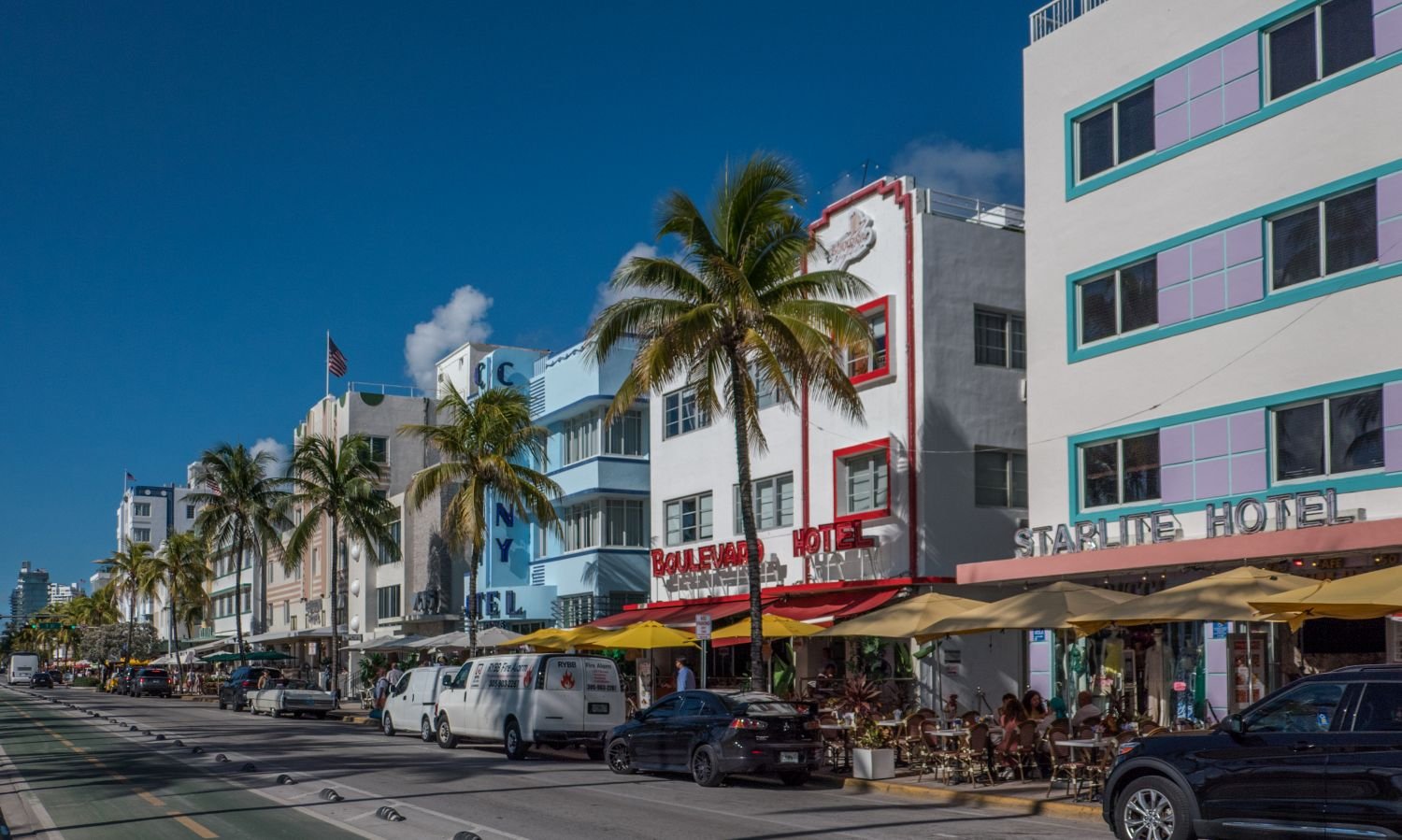 Ocean Drive in Miami Beach with the iconic Art Deco Boulevard, Colony and Starlite hotels.