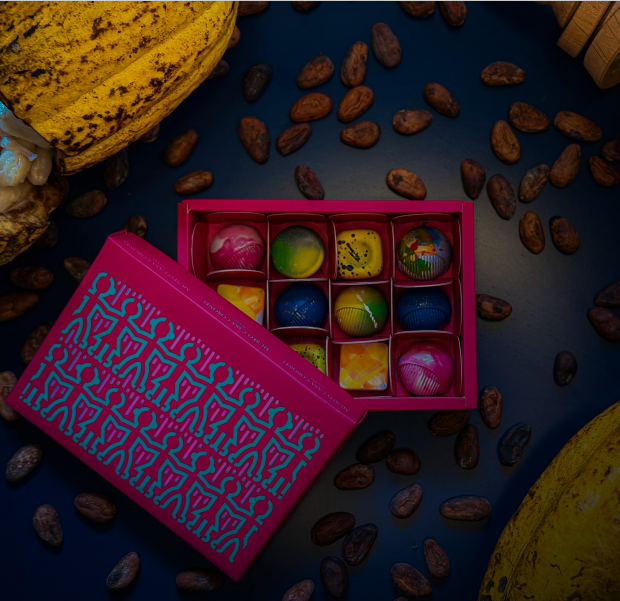 Box of artisanal chocolates from the Casa Coronel Museum of Cocoa and Chocolate in Panama.